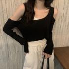 Long-sleeve Cold-shoulder Mock Two-piece Knit Top