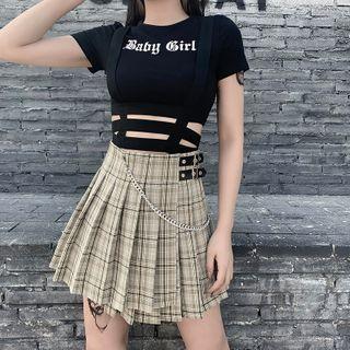 Asymmetric Hem Plaid Pleated Skirt