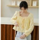 Long-sleeve Square-neck Shirred Blouse