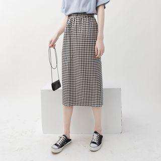 Gingham Band-waist Midi Straight-fit Skirt