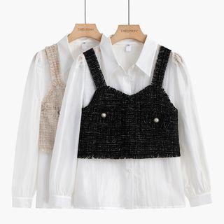 Set: Long-sleeve Plain Shirt + Spaghetti Strap Crop Top