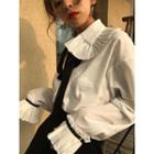 Pleated Trim Tie Neck Long Sleeve Blouse