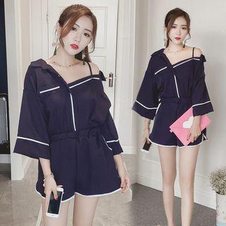 Set: Contrast Trim 3/4-sleeve Blouse + Wide Leg Shorts