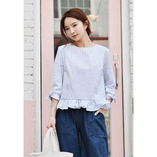 Tie-cuff Frill-hem Stripe Top