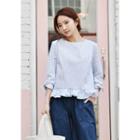 Tie-cuff Frill-hem Stripe Top