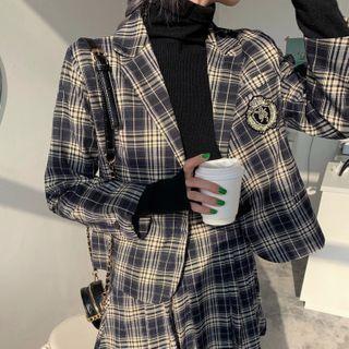 Plaid Single-breasted Blazer / Pleated Mini A-line Skirt
