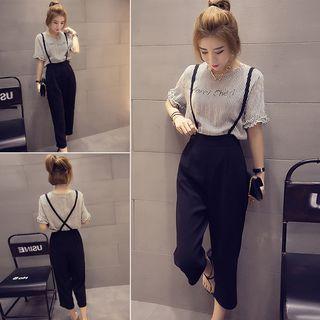Set: Short-sleeve Pinstriped Top + Cropped Wide Leg Pants