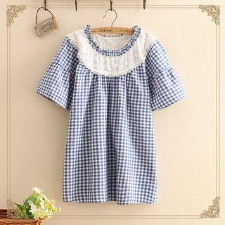 Lace Panel Plaid Short-sleeve Top