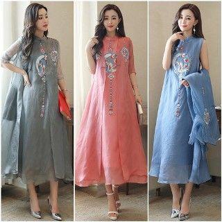 Sleeveless Embroidery Midi Dress + Open Front Long Top