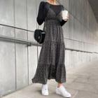 Band-waist Floral Flared Long Spaghetti Strap Dress Black - One Size