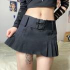 Low Waist Buckle Belt Mini Pleated Skirt