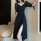 Short-sleeve V-neck Slit Midi A-line Dress
