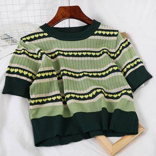 Heart Jacquard Short-sleeve Crop Knit Top Green - One Size