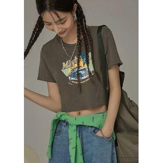 Retro Car Print Crop T-shirt Gray - One Size