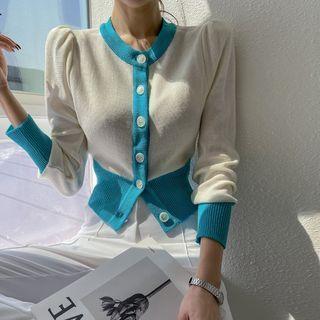 Puff-sleeve Two-tone Cardigan