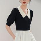 Puff-sleeve Ribbed Polo Knit Top