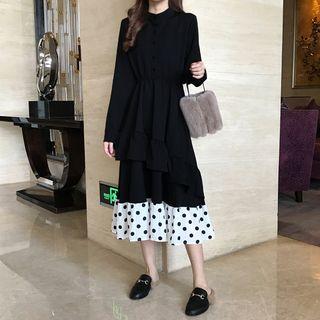 Long-sleeve Dotted Panel Midi Dress