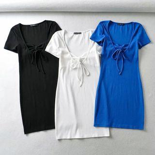 Short-sleeve Tie-strap Mini Bodycon Dress