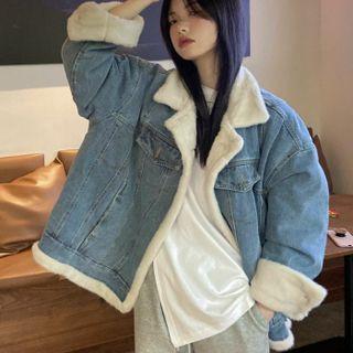 Fluffy-lined Denim Jacket Denim Blue - One Size