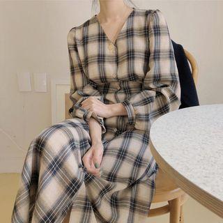 Long-sleeve Plaid V-neck Midi A-line Dress