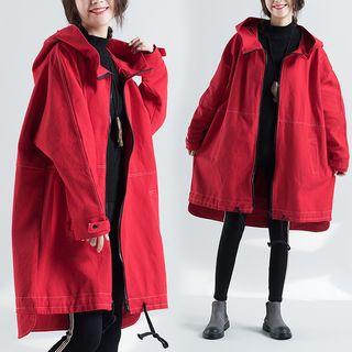 Hooded Oversize Long Zip Jacket Red - L