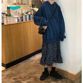 Plain Hoodie / Floral Print Midi A-line Skirt