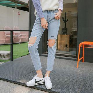 Cutout-trim Washed Straight-cut Jeans