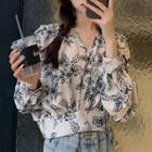 Long-sleeve Floral Print V-neck Blouse Black & White - One Size