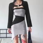 Set: Two-tone Asymmetrical Strapless Sheath Dress + Shrug Jacket