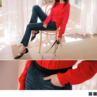 Elastic Waist Frayed Boot-cut Jeans