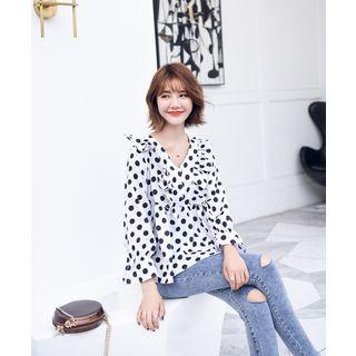 Ruffle-trim Dotted Long-sleeve Blouse