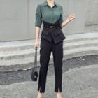 Set: Two-tone Elbow-sleeve Shirt + Cropped Straight-fit Pants