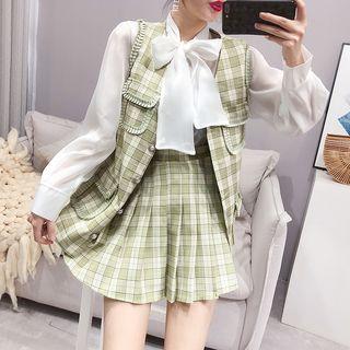Set: Shirt + Plaid Vest + Pleated Skirt