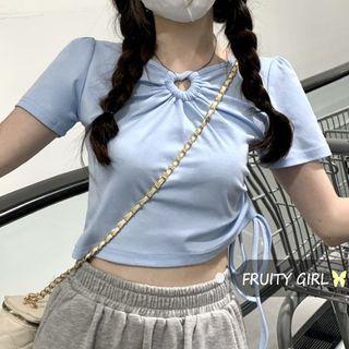 Short-sleeve Drawstring Cut-out T-shirt Blue - One Size