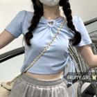 Short-sleeve Drawstring Cut-out T-shirt Blue - One Size