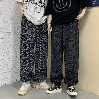 Leopard Print Drawstring-cuff Wide Leg Pants