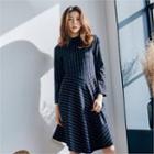 Monk-neck A-line Pinstriped Dress