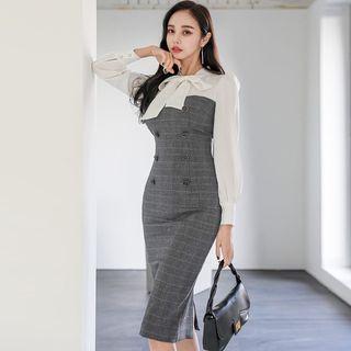 Long-sleeve Tie-neck Plaid Panel Sheath Dress