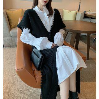 Knitted Vest / Lantern-sleeve Plain Blouse