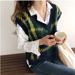 Set: V-neck Plaid Knit Vest + Mock Neck Blouse