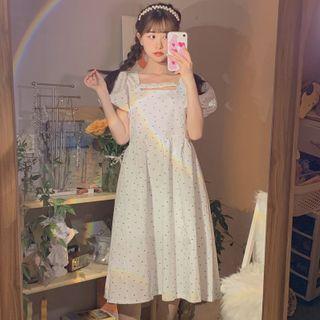 Short-sleeve Dot Print Midi Dress Black Dotted - White - One Size