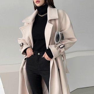 Flap Woolen Long Trench Coat With Sash