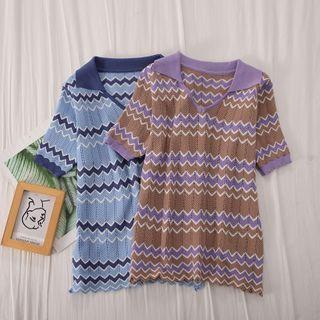 Short-sleeve Zigzag Striped Knit Top