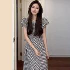 Puff-sleeve Plaid Tie-side A-line Dress
