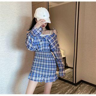 Long-sleeve Cold Shoulder Plaid Mini Bodycon Dress Blue - One Size