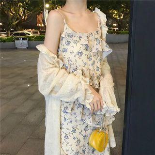 Long Light Jacket / Floral Midi Spaghetti Strap Dress