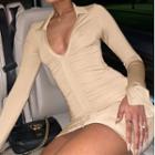 Plain Long-sleeve V-neck Mini Dress