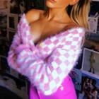 Plaid Furry Cardigan Pink - One Size