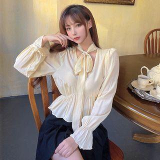 Long-sleeve Tie-neck Blouse Almond Beige - One Size