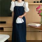 Set Of 2: Short-sleeve Ruched Plain Blouse / Spaghetti-strap Plain Denim Maxi Dress